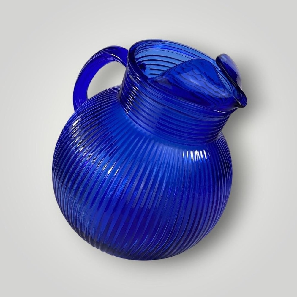 Cobalt Blue Tilt Pitcher Hazel Atlas Ribbed Glass Depression Era 1930s